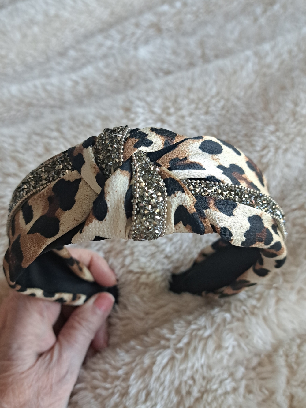 Leopard Print Knotted Headband with Crystal Trim - Brown